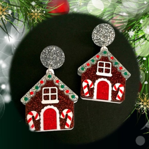 🍏50% OFF/3+...Glittering Acrylic Gingerbread House Dangle Christmas Earrings - Picture 1 of 7